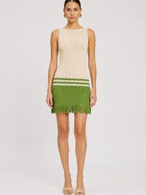 Torn by Ronny Kobo Cream and Green Crochet Slip Dress with Fringe